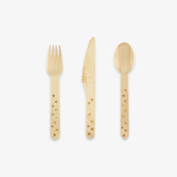 Couvert en bois étoiles dorées - 18 pièces